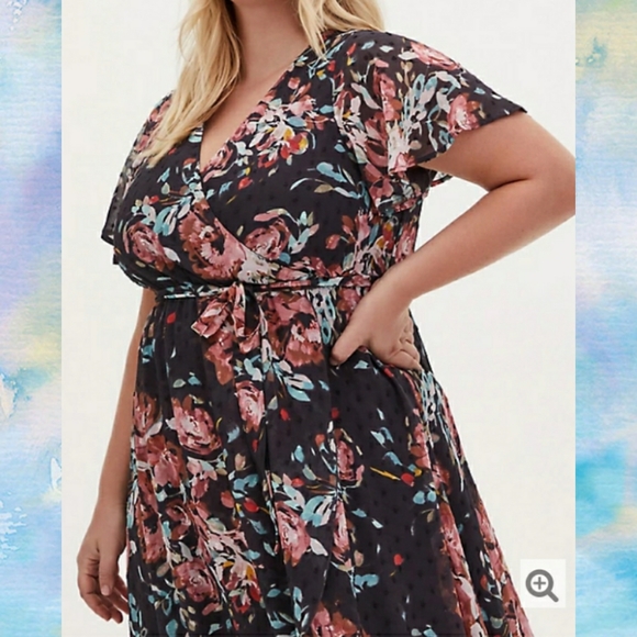 Torrid Faux-Wrap Dress, Swiss Dot Floral Dot - Picture 3 of 7